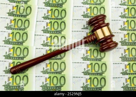 Richterhammer und Euro-Banknoten. Symbolisches Foto für Kosten vor Gericht, Rechtsstaatlichkeit und Auktionen Stockfoto