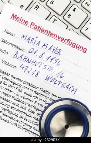 Ein Lebenswille auf Deutsch. Anweisungen für den Arzt oder das Krankenhaus im Falle einer tödlichen Erkrankung. Österreich Stockfoto