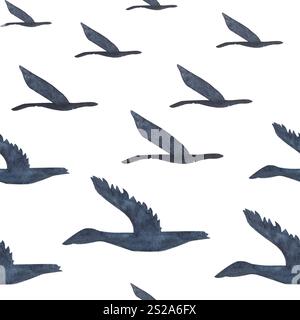 Fliegende Vögel, nahtloses Muster der Gees isoliert auf weiß. Hochwertiges handgezeichnetes Aquarell einfache flache Illustration für Landschaften, Scrapbooking Stockfoto