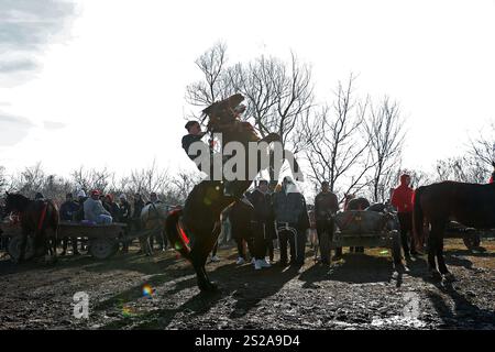 Bukarest, Rumänien. Januar 2025. Die Dorfbewohner treffen sich am 6. Januar 2025 zu einem traditionellen Pferderennen in Pietrosani, Rumänien. Quelle: Cristian Cristel/Xinhua/Alamy Live News Stockfoto