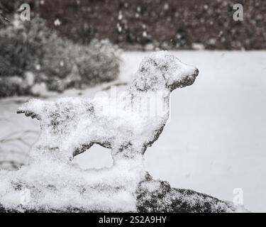 Eine Nahaufnahme eines schneebedeckten Hundeschmucks aus Metall in einem verschneiten Hinterhof, das komplizierte Texturen hervorhebt und eine ruhige Winteratmosphäre hervorruft. Perfekt für Stockfoto