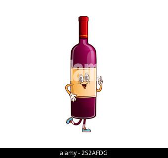 Groovige Rotweinflasche, lustiger Charakter. Jubiläumsfeier bordeaux Getränk Cartoon Vektor Maskottchen. Restaurant Alkohol Getränkeflasche glückliche Persönlichkeit, isolierter Rotwein fröhlicher grooviger Charakter Stock Vektor