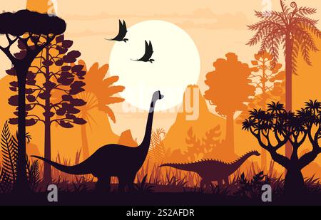 Dinosaurier-Silhouetten im Dschungelwald-Vektor-Hintergrund. Jurassische Dino-Tiere, prähistorische Palmen, Pflanzen und Berge bei Sonnenuntergang. Brachiosaurus, Ampelosaurus und dimorphodon Dinosaurier Silhouetten Stock Vektor