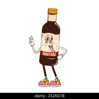 Cartoon Retro groovy Teriyaki Soße Charakter mit lustigem Gesicht, Vektor Comic Fast Food. Groovige, flippige Teriyaki-Soße-Flasche mit leckerem Lächeln aus der Zunge und OK-Zeichen für einen albernen Fast-Food-Charakter Stock Vektor