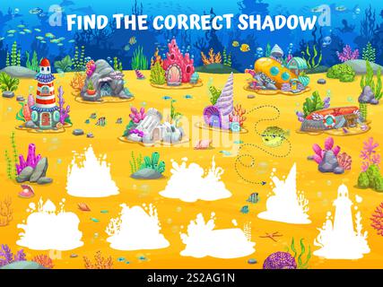Spieltabelle für Kinder, finde den richtigen Schatten der märchenhaften Unterwasserhäuser. Kinder Bildung Aktivität Vektor-Rätsel Quiz des tropischen Ozeanbodens mit Zeichentrickfilm lustige Wohngebäude, Meerestiere, Fische Stock Vektor