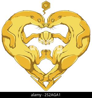 Herzförmiges Otter-Paar, Valentinstag-Symbol mit Tieren, Liebe zur Natur mit Meeressäugern Stock Vektor