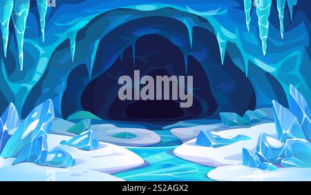 Eishöhlenlandschaft mit Schnee-Vektor-Hintergrund. Cartoon Mountain Winter Frozen Höhle, arktische Gletscher oder Eisberghöhle, Eiskristalle, Stalaktiten und Eiszapfen. Winter Natur Landschaft Spiel Hintergrund Stock Vektor