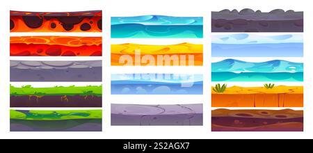 Nahtlose Bodenschichten, Ebene Oberfläche Spiel Asset, Vektor UI. Teppichboden, Grasboden, Gestein- und Sandschicht. Unterirdische Querschnitte aus Wasser, Stein, Lava, Schnee, Eis und Sumpf Stock Vektor