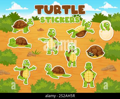 Zeichentrickschildkröten-Persönlichkeiten-Aufkleber-Pack, Schildkröten-Tierfiguren. Reptilien netter kindlicher Vektorcharakter oder glückliches Lächeln, Rutschen, tanzende Schildkröte, Schildkröte Baby in Eierschale Maskottchen Aufkleber Set Stock Vektor