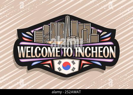 Vektor-Logo für Incheon, dunkler dekorativer Tag mit Zeichnung Illustration der städtischen Lichter incheon Stadtlandschaft auf nächtlichem Hintergrund, Kunstdesign horizontal Stock Vektor