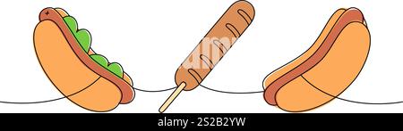 Hot-Dog-Set, einzeilige, durchgehende Zeichnung. Hotdog, Hot Dog, Corn Dog durchgehende 1-zeilige Abbildung. Lineare Vektordarstellung. Stock Vektor