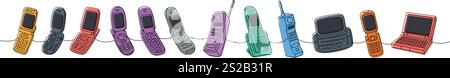 Alte Telefone eine Zeile farbige fortlaufende Zeichnung. Klapp-Mobiltelefone, Retro-Telefone, Smartphone mit Tastatur. Lineare Vektordarstellung. Stock Vektor