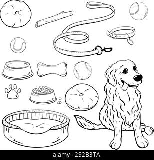Eine entzückende Illustration mit einem niedlichen Hund zusammen mit einer Vielzahl von Haustierzubehör. Abbildung der Vektorskizze. Tierhandlung Stock Vektor