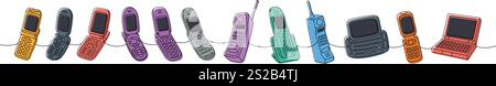 Alte Telefone eine Zeile farbige fortlaufende Zeichnung. Klapp-Mobiltelefone, Retro-Telefone, Smartphone mit Tastatur. Lineare Vektordarstellung. Stock Vektor