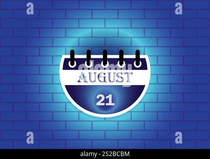 Ein digital gerendertes Bild einer Kalenderseite mit dem 21. August. Der Kalender wird vor einem blauen Backsteinmauerhintergrund dargestellt Stock Vektor