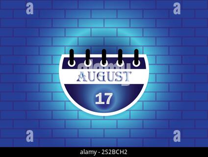 Eine stilisierte Kalenderseite mit dem 17. August. Der Kalender ist vor einem blauen Backsteinmauerhintergrund dargestellt, der von einem sanften Schein umgeben ist Stock Vektor