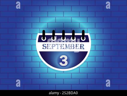 Eine stilisierte Kalenderseite mit dem 3. September, hervorgehoben vor einer blauen Ziegelwand. Das Design ist sauber und modern, für verschiedene Anwendungen geeignet. Stock Vektor