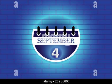 Eine digitale Illustration einer Kalenderseite mit dem 4. September. Die Seite ist blau und weiß, vor dem Hintergrund einer blauen Ziegelwand. Sauber Stock Vektor