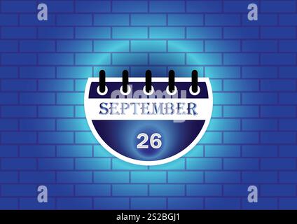 Eine stilisierte Kalenderseite mit dem 26. September wird vor einem blauen Backsteinmauerhintergrund angezeigt. Das Design ist sauber und modern Stock Vektor