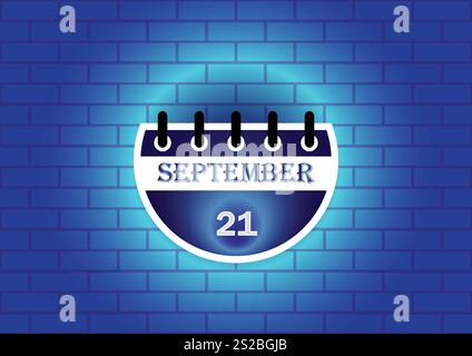 Ein digital gerendertes Bild einer Kalenderseite mit dem 21. September. Der Kalender wird vor einem blauen Backsteinmauerhintergrund dargestellt Stock Vektor