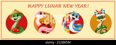 Cartoon-Schlangen-Collage, 2025 asiatisch chinesisches Neujahrsbanner für CNY-Feiertage. Niedliche glückliche Reptilien in traditionellen festlichen Hüten mit roten Umschlägen, Goldmünzen und Geldbörse feiern den Wohlstand Stock Vektor
