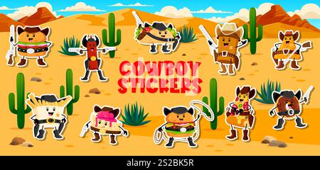 Aufkleber Pack Cartoon Fast Food Cowboy und Banditen Charaktere, Vektorfiguren. Wild West Fastfood-Aufkleber mit Cheeseburger Sheriff mit Taco Ranger und Donut Cowboy mit Pistole und Lasso Stock Vektor