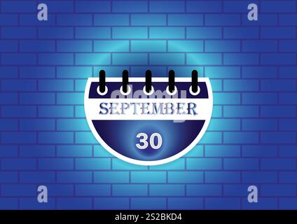 Eine stilisierte Kalenderseite mit dem 30. September. Das Design verfügt über einen runden Kalender vor einer blauen Ziegelwand, die mit einem sanften Schein hervorgehoben wird. Stock Vektor