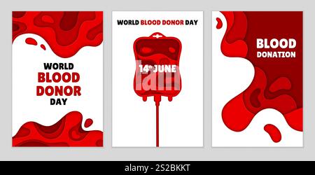 Blutspende und Weltblutspendertag Papier geschnitten Poster mit einem Blutbeutel und flüssigen Formen im papercut Vektor Stil, die das Bewusstsein und die Förderung der Blutspende am 14. Juni Feier Stock Vektor