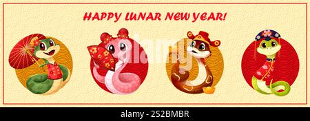 Fröhliches chinesisches neues Mondjahr-Schlangenfiguren-Collage-Banner. Niedliche Reptilien in traditioneller festlicher Kleidung mit rotem Fächer, Regenschirm und Goldsychee feiern Wohlstand und Erbe für den Feiertag 2025 Stock Vektor