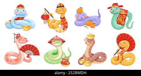 2025 Cartoon-Schlangenfiguren im Mondjahr. Chinesischer Mondkalender Neujahr Reptilientiere Vektor Maskottchen Set. Lustige Schlangenfiguren mit Papierlaterne, Sonnenschirm und Ventilator, die asiatische Kleidung tragen Stock Vektor