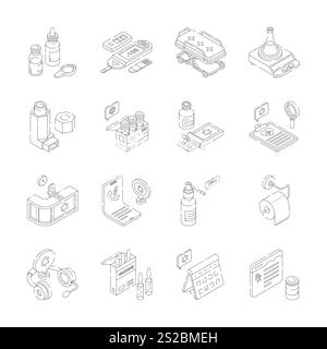 Isometrische Symbole stehen für eine umfassende Palette von wichtigen medizinischen Hilfsmitteln, einschließlich Medikamenten, medizinischen Geräten, Diagnosewerkzeugen und Supportdiensten Stock Vektor