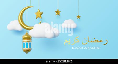 3D Ramadan Kareem Banner mit goldener Laterne, Mondsichel und Wolken auf blauem Hintergrund. Vektorgrüße zur Feier des festlichen Ramadan-Events mit hängenden Sternen, die einen Hauch von Magie verleihen Stock Vektor
