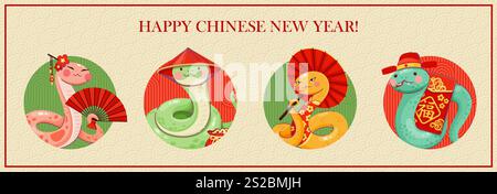 Asiatisches Horoskop schlängelt sich bei der chinesischen Neujahrscollage 2025. Charmante Reptilien in festlicher Kleidung mit traditionellen Accessoires wie Fächer, roter Umschlag, Regenschirm oder Geldbörse feiern das CNY-Event Stock Vektor
