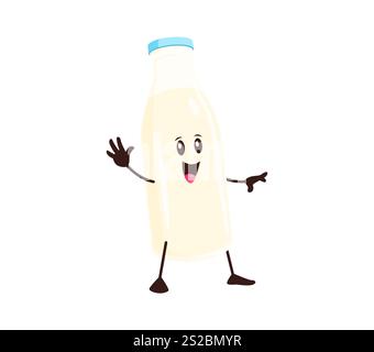 Grooviger Zeichentrickfilm Milchtrinkflasche lustiger Charakter. Frisches Milchprodukt Glasbehälter Cartoon isolierter Vektor nettes Maskottchen. Joghurt, Sahne oder Vollmilchflasche glücklich lächelnder, grooviger Charakter, der die Hand winkt Stock Vektor