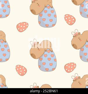 Nahtloses Ostermuster. Lustige kleine Capybara in Hasenohren auf großem paschalei auf weißem Hintergrund. Kawaii-Charakter in der Weihnachtskarikatur. Vektorillustr Stock Vektor
