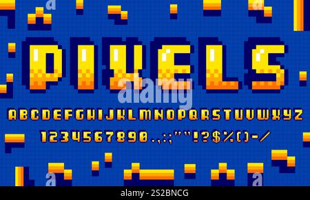 Retro-Pixel-Schriftart, Arcade-Spielschriftart, 8-Bit-Pixelart, binäres Alphabet, Zeichen und Zahlen, evoziert Nostalgie aus klassischen Videospielen. Vektor-gepixelte ABC-Großbuchstaben im Retro-Stil Stock Vektor