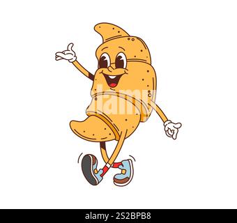 Cartoon grooviger Fast Food Croissant Charakter. Zum Mitnehmen Dessert Essen lustiger Charakter, Restaurant süße Mahlzeit oder Café Gebäck glücklich groovige isolierte Vektor Persönlichkeit. Frisches Croissant, fröhliches Maskottchen Stock Vektor