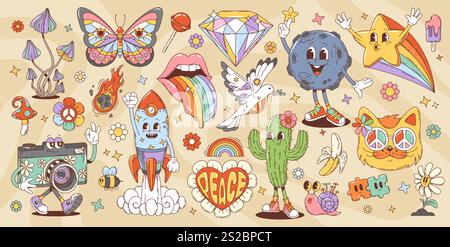 70er Jahre, 80er Jahre Retro-Cartoon, groovige Charaktere und Hippie-Symbole. Vektor lustige Blume, Schmetterling, Regenbogen und Schmetterling, Stern und Katze in Sonnenbrillen Persönlichkeiten. Psychedelisches Friedenssymbol, Gänseblümchen und Puzzle Stock Vektor