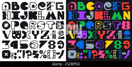 Y2K brutale Schriftart, abstrakte moderne geometrische Schriftart mit funky Schriftart, Vektor-englisches Alphabet. Brutale Schriftart mit abstrakten und dicken, auffälligen Buchstaben oder Linienart im trendigen Cartoon-Design Stock Vektor