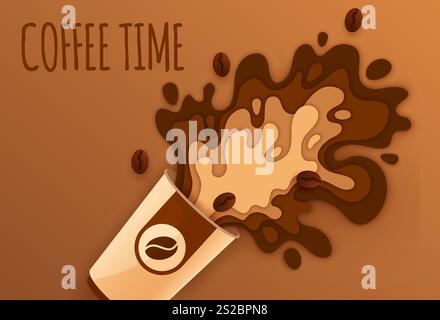 Papierschnitt Kaffeetrinkspritzer und Bohnen. PaperCut-Banner mit realistischem 3D-Vektor-Einweg-Kartonbecher mit einem dynamischen flüssigen beige und braunen Spritzern, energetischen erfrischenden Heißgetränk, Explosion Stock Vektor