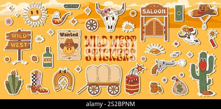 Wilde West Western groovy Charaktere Aufkleber Pack mit lustigen Charakteren, Cartoon Vektor Set. Wild West groovige Aufkleber mit Cowboy-Saloon und Langhorn-Schädel, Western Wanted Smile, Dynamit und Hufeisen Stock Vektor