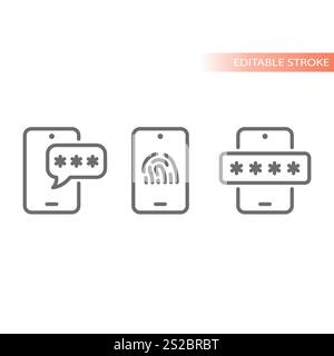 Telefonkennwort, PIN-Entriegelungssymbol gesetzt. Code Smartphone entsperren, Fingerabdruck-Anmeldevektor. Stock Vektor