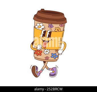 Cartoon grooviger Kaffee Einwegbecher Charakter. Straßencafe Take Out Kaffee Retro Cartoon Vektor Persönlichkeit. Espresso- oder Latte-Getränk-Einweg-Maskottchen aus Pappbecher mit Gänseblümchenmuster Stock Vektor