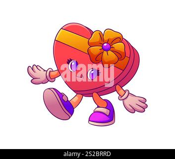 Cartoon-grooviger valentinstag-Charakter in Form einer Geschenkbox in Herzform. Isolierter Vektor lebendiges rotes Geschenk Paket Retro-Persönlichkeit, verziert mit Band, und Lächeln, die nostalgischen Charme eines romantischen Urlaubs ausstrahlt Stock Vektor