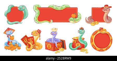 Chinesische Mondneujahrsschlangen mit Feiertagsbanner und -Dekorationen, die CNY 2025 feiern, umgeben von roten und goldenen Rahmen, Mandarinenfrüchten, Goldmünzen und traditionellen Symbolen für Wohlstand und Glück Stock Vektor