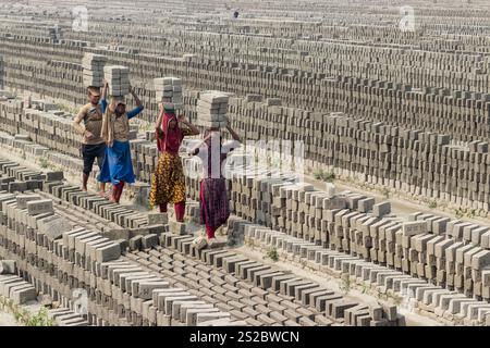 Narayanganj, Dhaka, Bangladesch. Januar 2025. Die Arbeiter in Narayanganj, Bangladesch, tragen in einem Ziegelofen Steine mit einem Gewicht von mehr als 15 kg auf dem Kopf. Sie verdienen weniger als 1 USD, nachdem sie 1.000 Steine transportiert haben. Brickfields Umgebung kann als neue Form der modernen Sklaverei bezeichnet werden. Lange Arbeitszeiten unter sengender Sonne, massive Staubansammlungen, Sturzgefahr von Lkws und Ziegelhaufen sowie das Tragen übermäßiger Lasten stellen für die Arbeitnehmer eine ernste Gefahr für die Gesundheit dar. Quelle: ZUMA Press, Inc./Alamy Live News Stockfoto