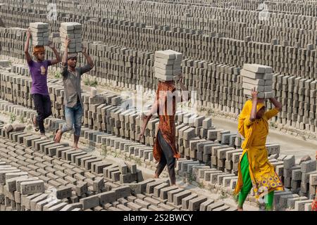 Narayanganj, Dhaka, Bangladesch. Januar 2025. Die Arbeiter in Narayanganj, Bangladesch, tragen in einem Ziegelofen Steine mit einem Gewicht von mehr als 15 kg auf dem Kopf. Sie verdienen weniger als 1 USD, nachdem sie 1.000 Steine transportiert haben. Brickfields Umgebung kann als neue Form der modernen Sklaverei bezeichnet werden. Lange Arbeitszeiten unter sengender Sonne, massive Staubansammlungen, Sturzgefahr von Lkws und Ziegelhaufen sowie das Tragen übermäßiger Lasten stellen für die Arbeitnehmer eine ernste Gefahr für die Gesundheit dar. Quelle: ZUMA Press, Inc./Alamy Live News Stockfoto