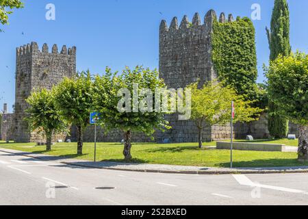 Burg von Trancoso mit zwei Türmen und einem Stück Mauer, teilweise mit Pflanzen bewachsen Stockfoto