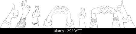 Kritzelskizze Hände hoch Gesten Comic Icons Silhouetten Vektor Set. Stock Vektor