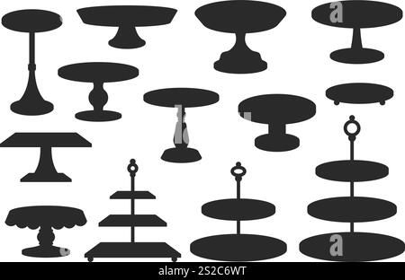 Silhouetten des Kuchenständers. Tabletts und Teller Ikonen für Desserte. Vektorabbildungen auf weißem Hintergrund. Einfache schwarze Displays für Lebensmittel und Stock Vektor